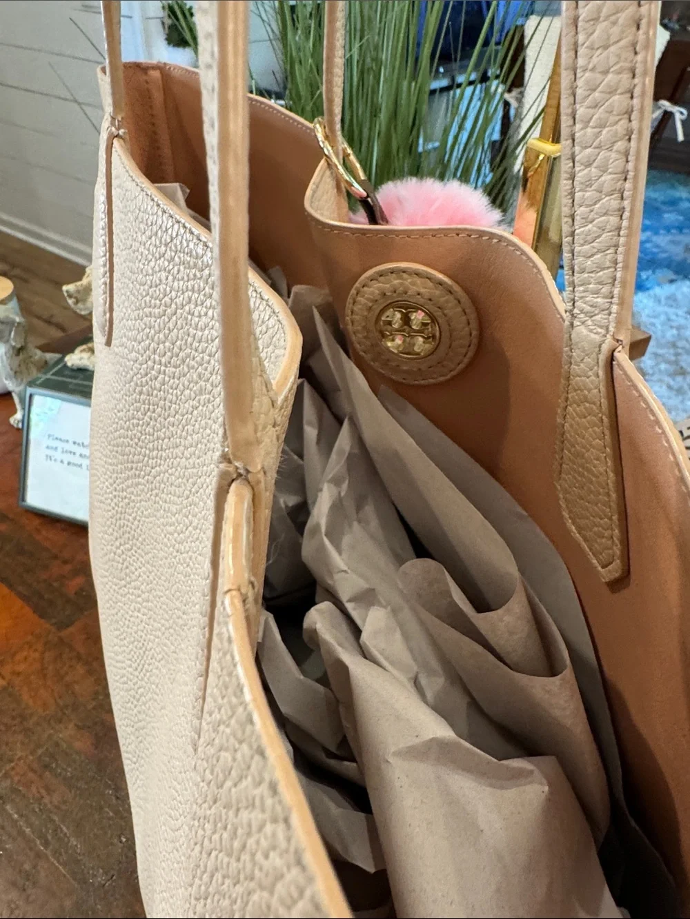 Tory Burch Pebbled Leather Tote with Pink Fur Charm